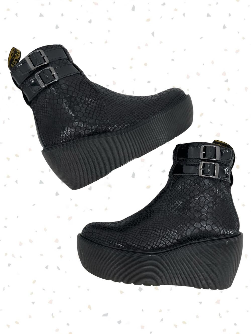 Dr. Martens Caitlin Black Reptile Snakeskin Wedge Buckles Ankle Boots Size 6